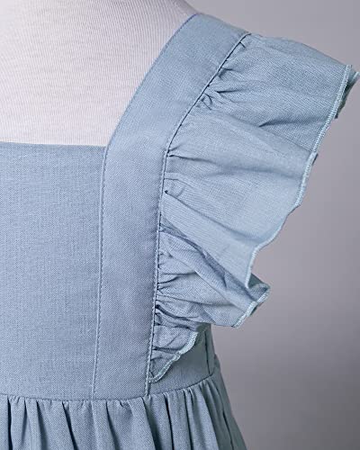 Anata Baby Girls Baby Flower Girls Casual Bow Tie Dresses Ruffled Sleeve Vintage Linen Cotton Cross-Back Dress Toddler Cute Solid Color Family Photograph Skirt Agave Blue 5T #TOP2