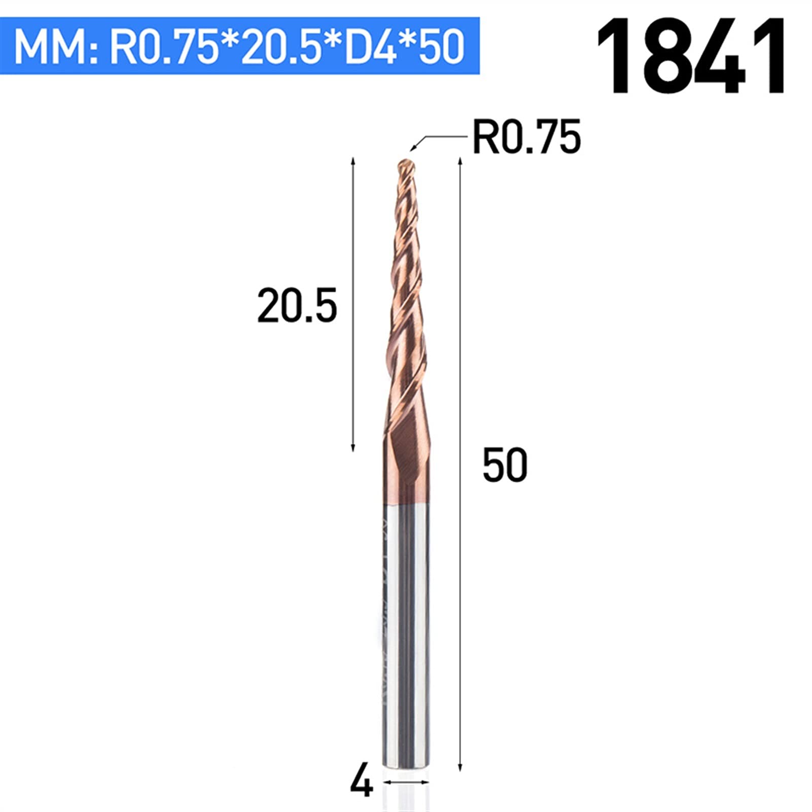 SUOFEILAIMU-PHONE CASE Metal HRC55 Tapered Ball Nose End Mill Tungsten Solid Carbide Coated Taper Cone CNC Milling Cutter D4-D10mm Engraving Bit (Cutting Edge Length : 1841)