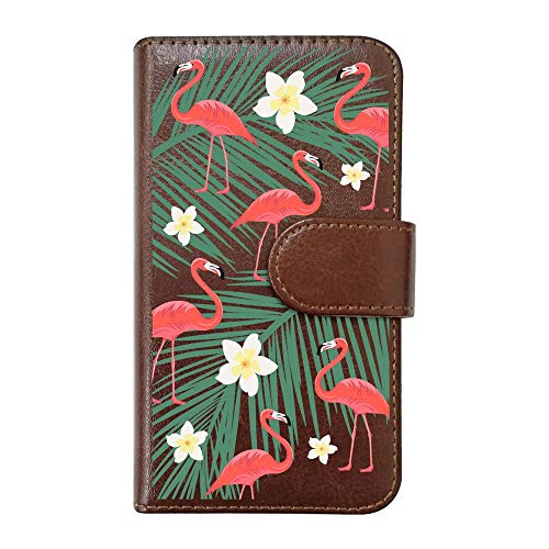sslink iPhone 17Pro アイフォン17プロ 対応 手帳型 スマホ ケース フラミンゴと花 ハワイアン ハワイ 花柄 プルメリア ボタニカル フラワー おしゃれ かわいい (カバー色ブラウン) ダイアリータイプ 横開き カード収納 フリップ