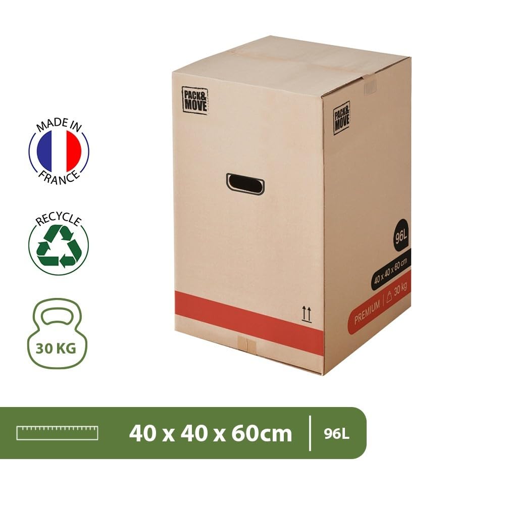 Pack And Move – Lote de 60 cajas de mudanza premium – 40 x 40 x 60 cm – Extrema resistencia 25 kg – Reutilizables – Doble grosor – Asas reforzadas – 3 adhesivos disponibles