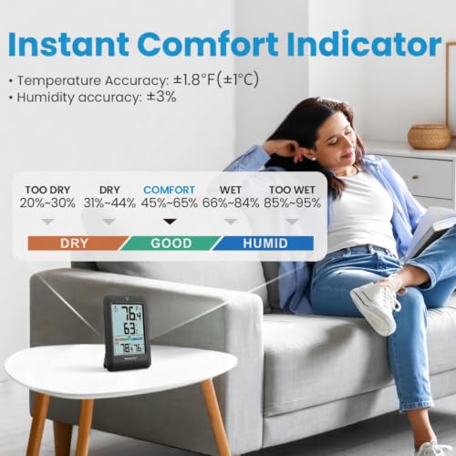 Image of Newentor Indoor Outdoor Thermometer Wireless with 24H /48H /ALL-TIME High Low | Big Number 4 inch Display, Inside Outside Temp & Humidity, Comfort Indicator, Weather Station for House Patio, Black, 1 Sensor