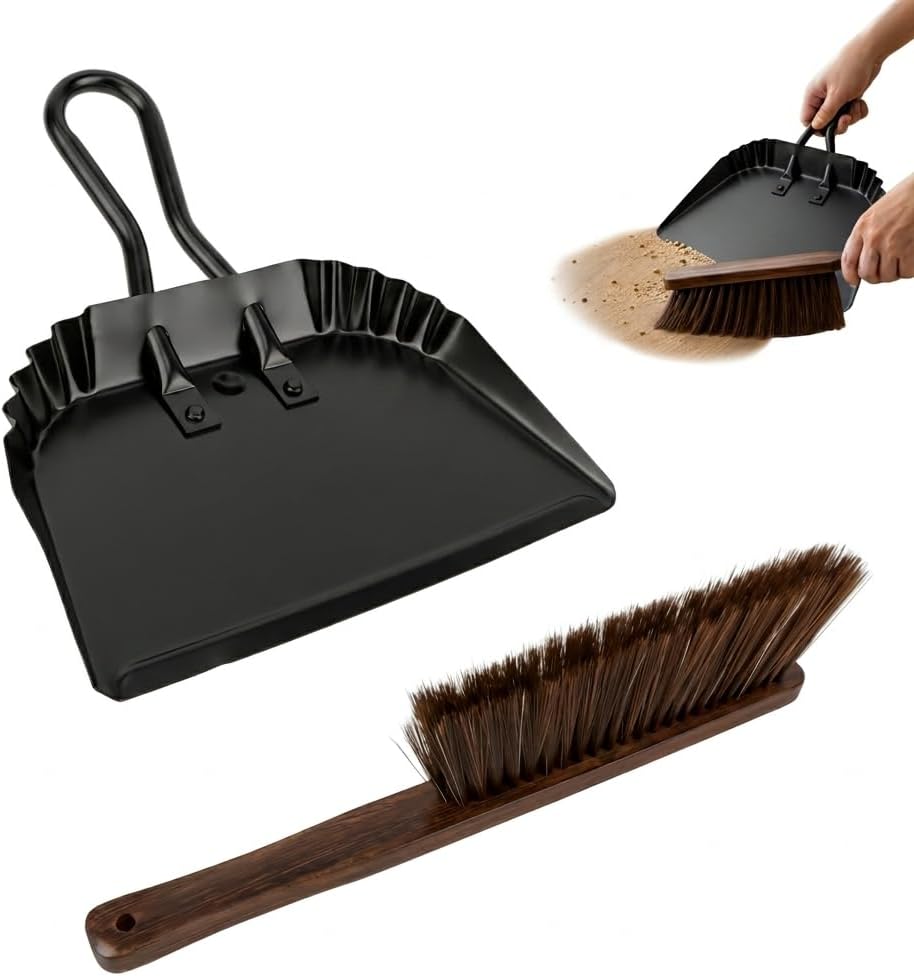 Heavy-Duty Metal Dust Pan and Brush Set, Handheld Angled Dust Pan and Wooden Broom Set, Dustpan with Flat Metal Edge, Hanging Dustpan and Brushfor Household, Desktop, Car and Small Spaces