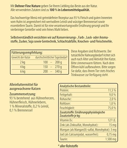 Dehner Fine Nature Katzenfutter, Nassfutter getreidefrei, für ausgewachsene Katzen, Huhn, 6 x 400 g Dose (2.4 kg)