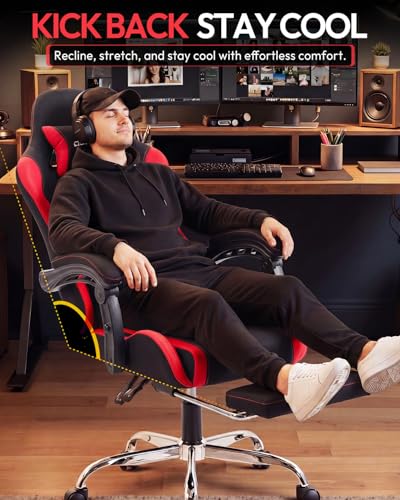 Image of Dowinx Ergonomic Gaming Chair with Footrest & Massage Lumbar, 2D-Linkage Armrests for Computer Chair 330lbs with Headrest Pillow for Office, Home, Streaming and Long Gaming Sessions, Fabric Dark Red