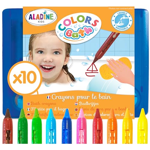 Aladine 3042032-10 Malstifte für die Badewanne, abwaschbare Bademalstifte für Kinder