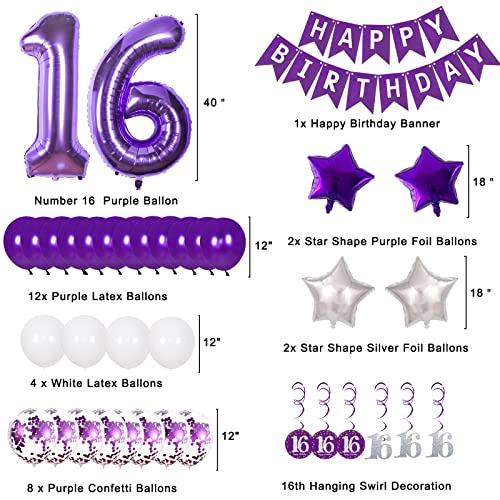 Sweet 16 Decorations - Purple 16th Birthday Party Decorations, HAPPY BIRTHDAY Banner, Silver Number 16 Balloons for Him & Her 16 Years Old Party