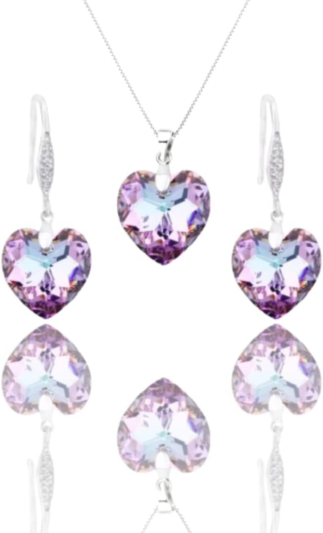 Sweet RoseWomen's Sterling Silver Purple Swarovski Crystal Heart Pendant Necklace and Hook Earrings Set,
