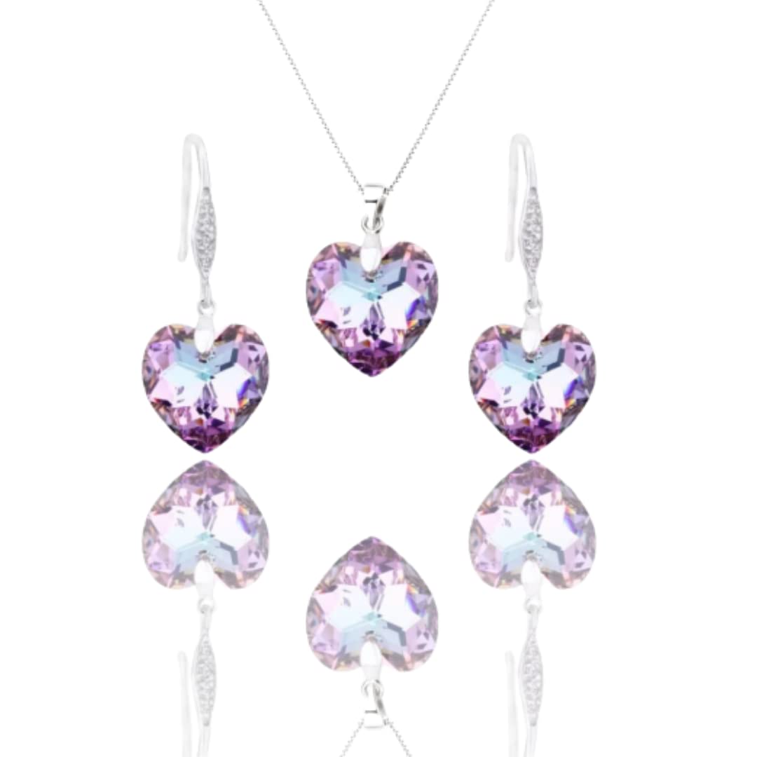 Sweet RoseWomen's Sterling Silver Purple Swarovski Crystal Heart Pendant Necklace and Hook Earrings Set,