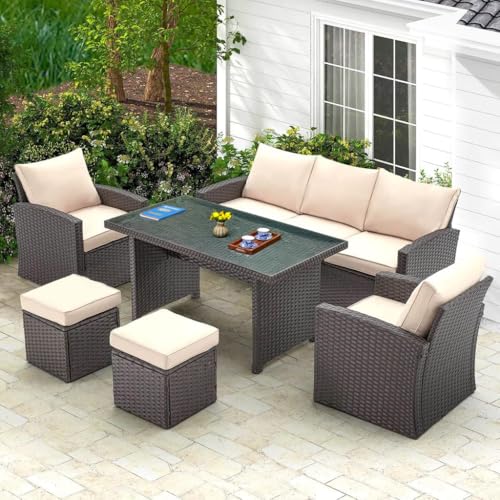 Image of DEVOKO Outdoor Patio Sectional Sofa Couch, Wicker Furniture Conversation Sets And Ottomans With Washable Cushions & Center Table For Garden, Poolside (Dark Brown And Cream, 7-Person Sofa)