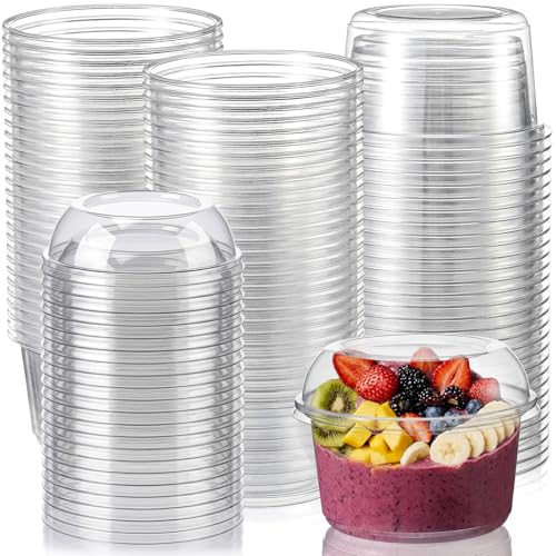 Jingmore 16 oz 100 Pack Plastic Acai Bowls with Dome Lids Disposable Clear Dessert Cups Party Serving Bowls Party Containers for Yogurt Parfaits Snacks Cakes Fruits