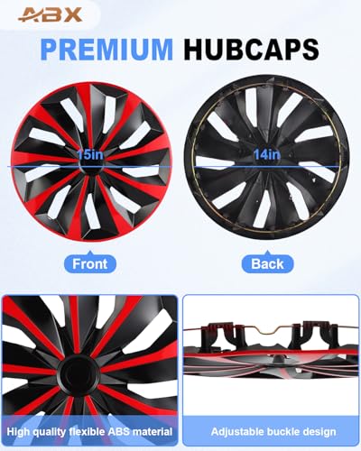 Image of ABX Hubcaps,15 inch hubcaps Set of 4, Wheel Rim Cover ABS Material, Snap On Car Truck SUV Replacement, for Toyota Camry Nissan Mazda etc, Black & Red