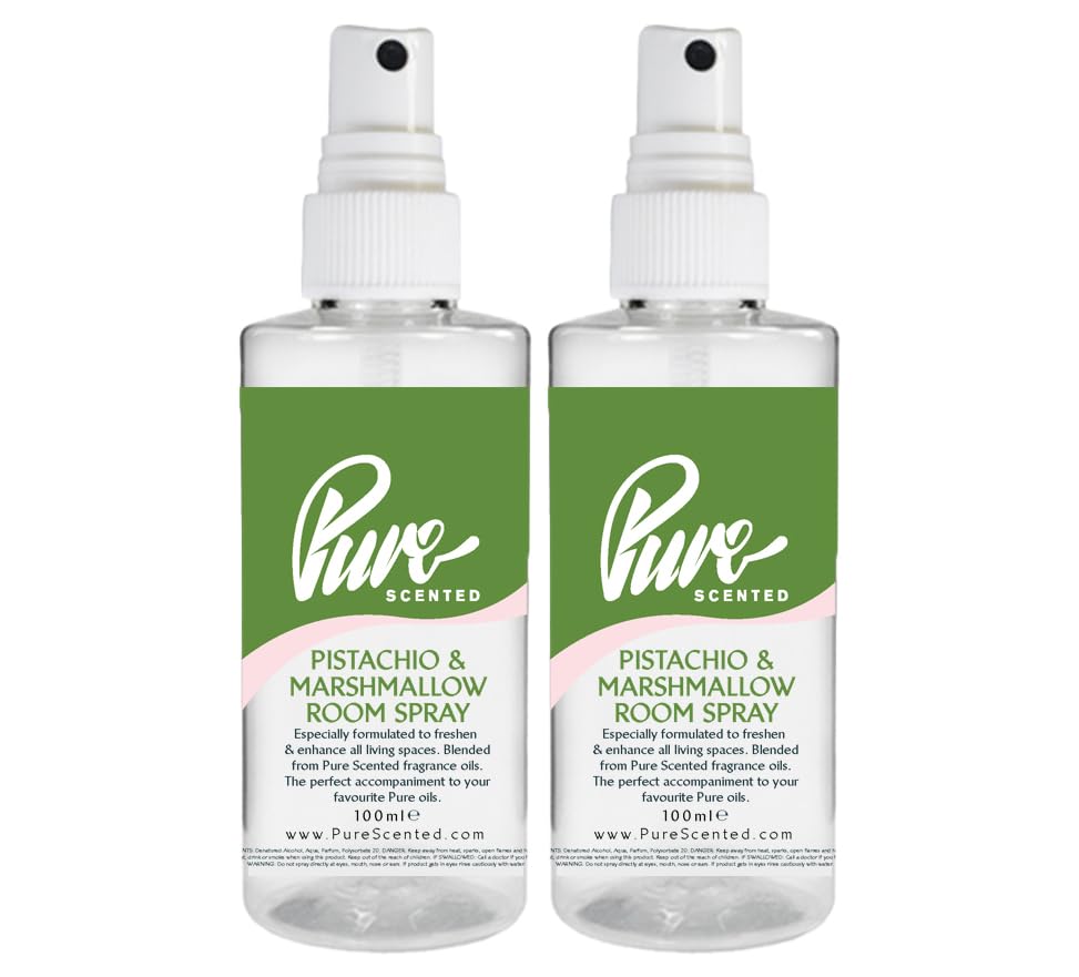 "Pure Scented 200ml Room & Fabric Sprays 2 x 100ml Suitable For Home, Car, Caravan, Work, Gym Bags, Odour Eliminators (2 x 100ml, Pistachio & Marshmallow)"
