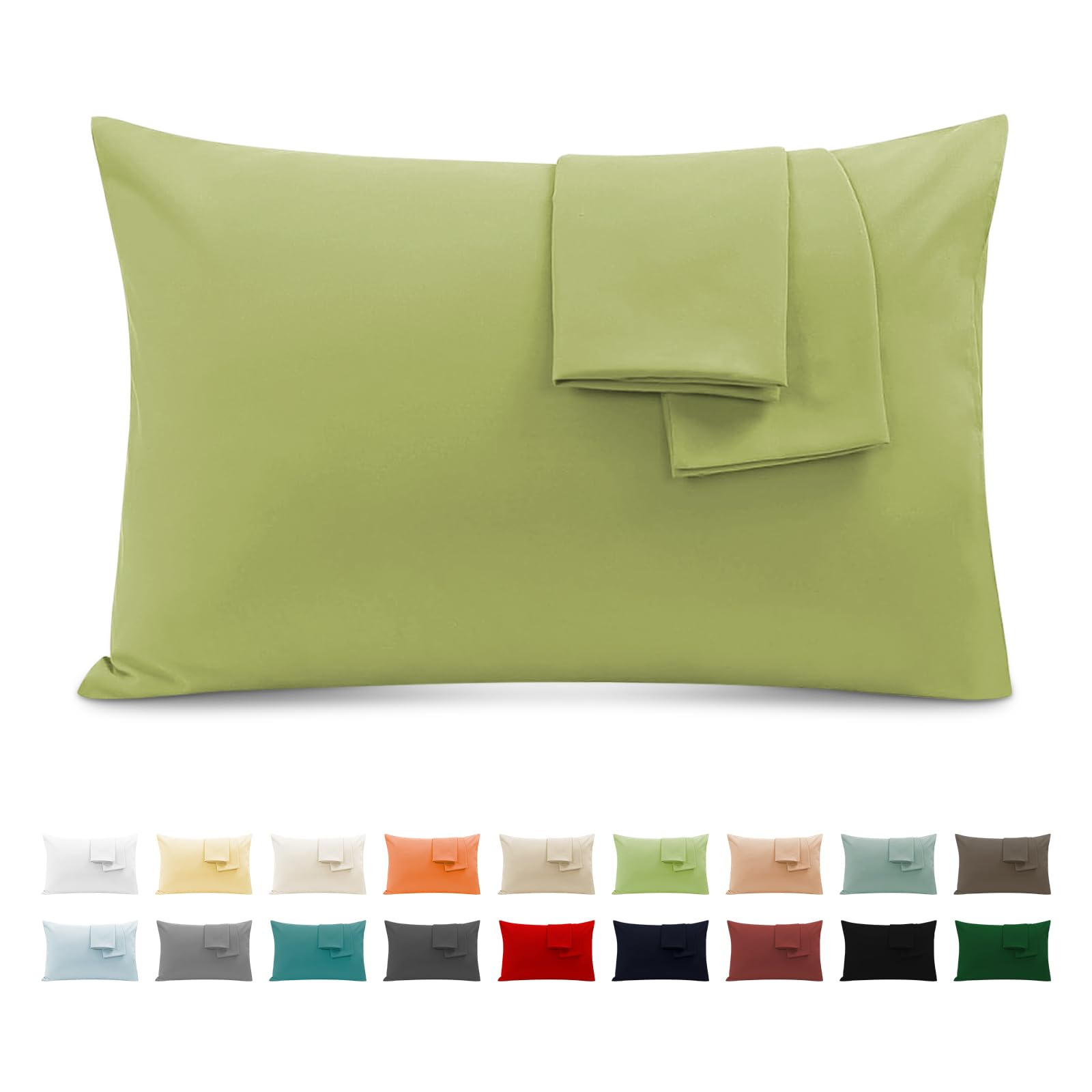 Funda Almohada 100% Algodón 40x70 cm 2 PCS, Juego de 2 Funda Almohada de Suave Puro Algodón, Sin Cremallera Cepillada con Cierre de sobre TórtolaVerde Claro
