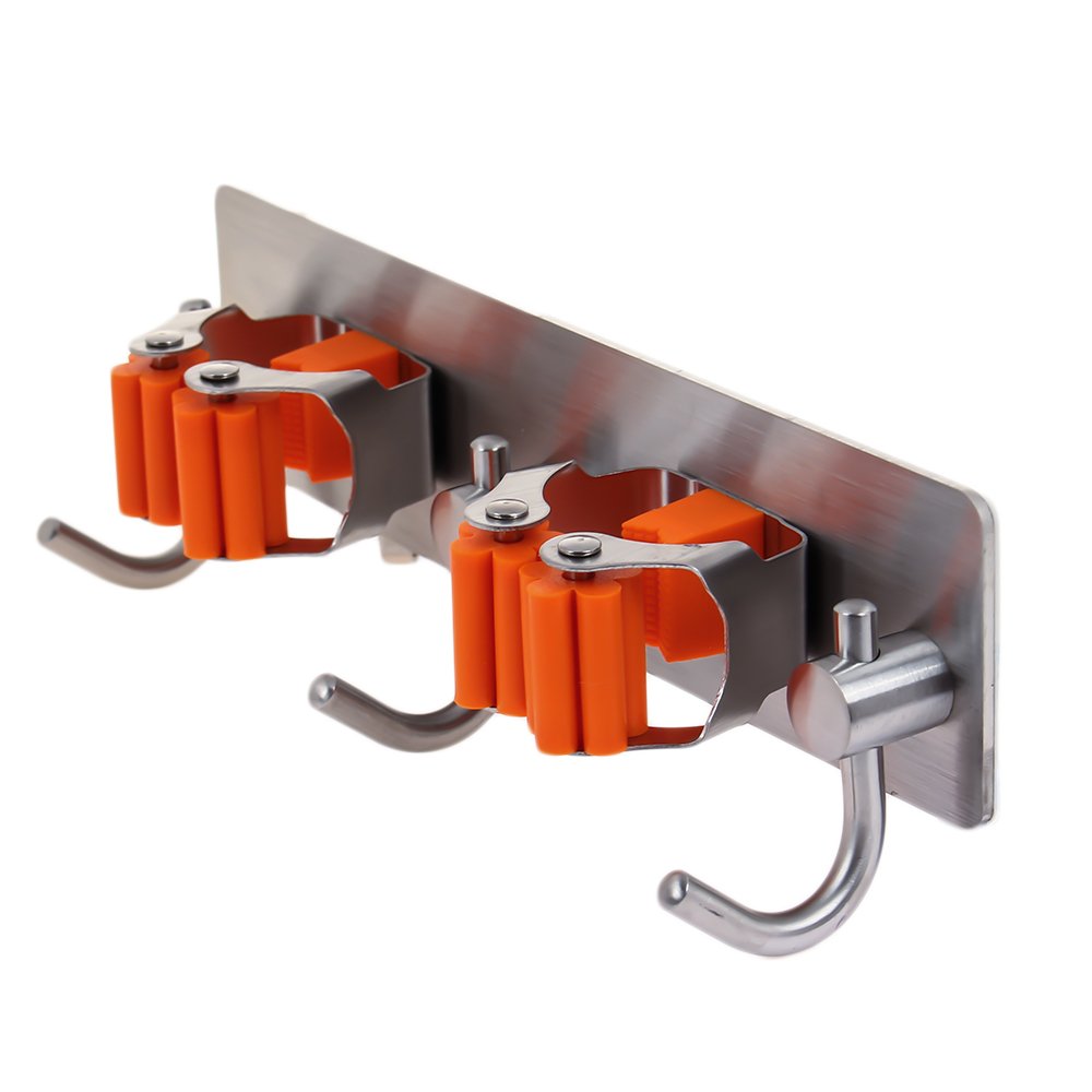 MAXGOODS Mop Broom Holder Organizer, 3M Self Adhesive Wall Mounted Mop Hooks Broom Hanger Holder with Spring Clip Design Bath Mounted Home Tools/Kitchen Organizer Rack, One with 2 Holders 3 Hook