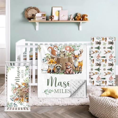 Hatchaa Custom Baby Crib Bedding Set - Woodland Animals Theme Personalized Name Baby Nursery Bedding 3 Piece Set, Toddler Crib Bedding Set for Boys, Customized Gift for Infants Newborns New Parents