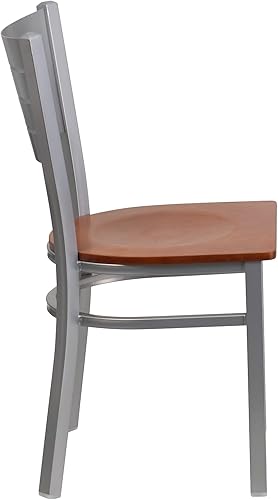 Miniatura 7 de Flash Furniture Hercules Series Silla de restaurante de metal con respaldo de listones plateados, 2 unidades, asiento de madera de cerezo