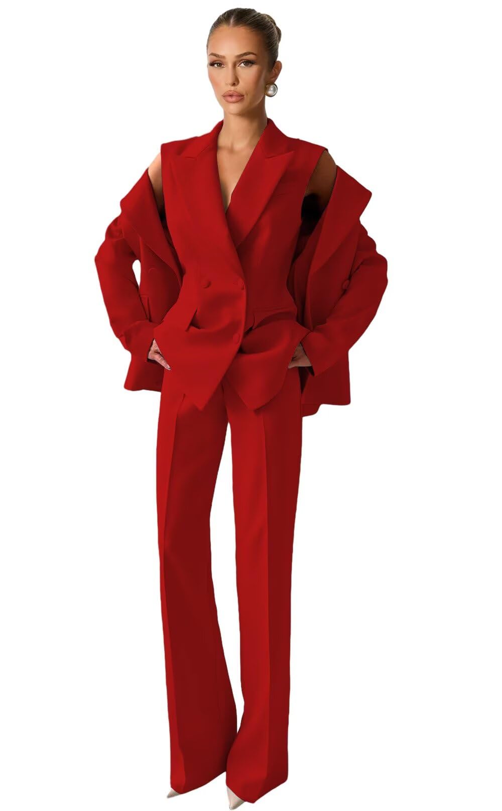 Red Womens 3 Piece Suits for Work Professional Casual Suit Set for Women Double Breasted Vest Pants Suit