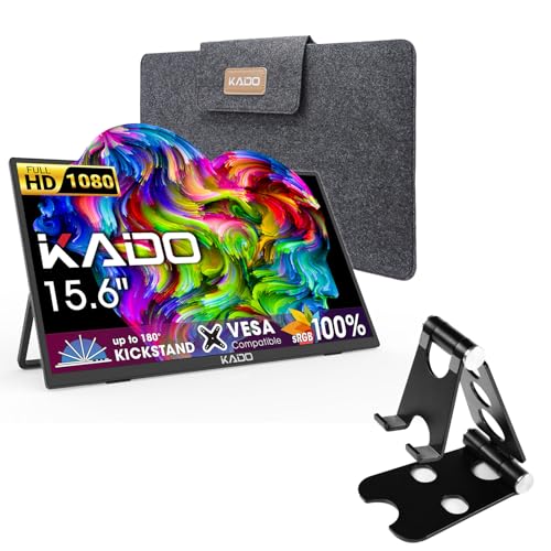 Image of Kado 15.6 inch FHD Portable Monitor for Laptop Aluminum Foldable Stand Set, 100% sRGB IPS 1920x1080 HDMI USB-C Laptop Screen Extender, Carrying Sleeve for PC, Mac, Dex, Tablet, Xbox, PS4 /PS5, Switch