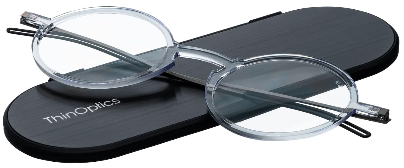 ThinOptics Manhattan Lesebrille, rund, Unisex, Herren und Damen, ultradünn, kompakt und leicht – inkl. magnetischem Etui Milano | Ultraleichte Lesehilfe ohne Bügel im flachen Etui, das am Handy haftet, für unterwegs, im Taschenformat, kratzfeste Linsen
