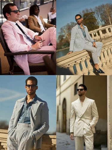 Seersucker Slim Suits for Men Casual Summer Beach Wedding Grooms 2 Piece Blazer Pants Party Striped Suit Sets3