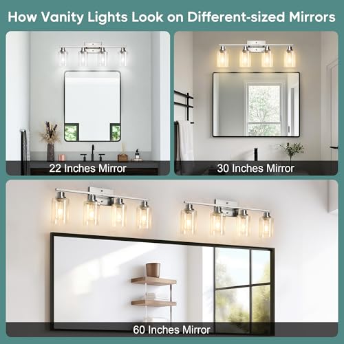Image of Ascher Bathroom Light Fixtures, 4-Light Vanity Light Over Mirror, Brushed Nickel Wall Sconces with Clear Glass Shades, Wall Lamp for Living Room Bedroom, E26 Base(Bulbs Not Included)