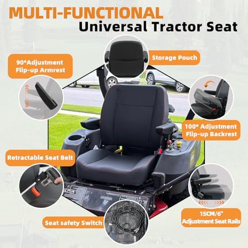 Image of Universal Forklift Seat, Fold Down Tractor Seat with Adjustment Armrest, Safety Belt and Operator Position Switch, Excavator Skid Loader Backhoe Dozer Telehandler