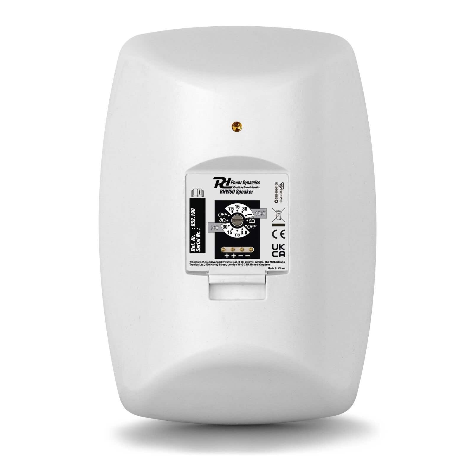 Power Dynamics BHW50WH – Pack 2 Unidades de Altavoces de Pared, 5.25" 80W 100V 8 Ohm Blancos, para Uso Exterior IPX5, Ideal para terrazas, jardínes, restaurantes, Resistentes al Agua, Color Blanco