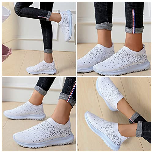 Womens Rhinestone Casual Athletic Running Sneakers Lightweight Breathable Slip On Walking Shoes Womens Casual Walking Sneakers Lightweight Breathable Flat Knit Mesh Comfortable Work Shoe White #TOP6
