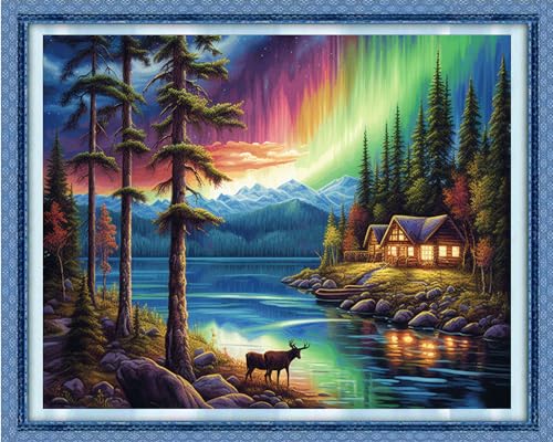 Image of Dooxvey Cross Stitch Kits for Adults Stamped Full Range of Embroidery Starter Kits for Beginners 11CT Printed Cross Stitch Patterns Needlepoint Kits Stamped Crossstitching-Aurora by Lake 16x20 inch