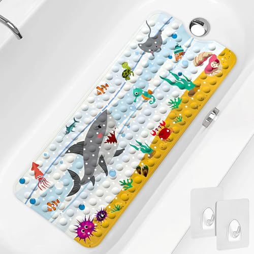 Image of PRATIQUE Kids Bath Mat for Tub Non Slip,40 X 16 Inch Extra Long Kids Bathtub Mat Ocean Bathtub Shower Mat Safety Anti Slip with Suction Cups and Drain Holes, Machine Washable(Shark)