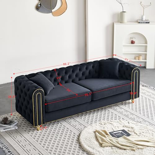 Image of KEIKI 86 inch Chesterfield Velvet Button Tufted Sofa with High Density Foam Cushions and 2 Toss Pillows, Modern Style 3-Seater Couch with Gold Strip Trim Decoration, Easy Assembly, for Living Room, Black