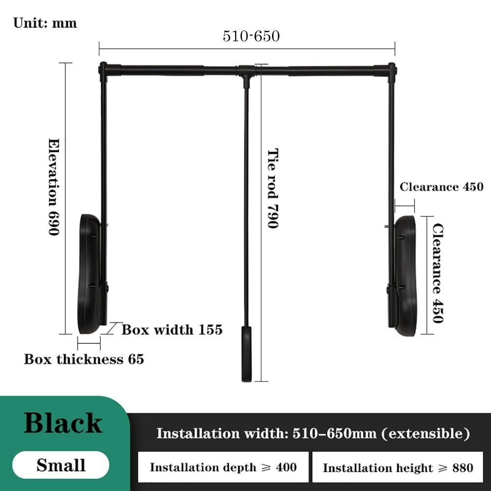 Pull Down Closet Rod Wardrobe Lift Wide Adjustable, Organizer Storage System Adjustable Wardrobe Organizer Clothing Rail(Black,Small)