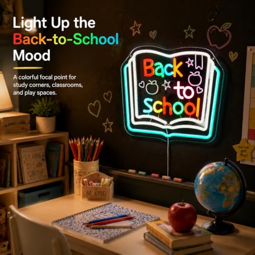 Image of Back to School Neon Sign, Classroom LED, 13.8 inch x 11 inchIN | Chalkboard Style, Typography with Apple & Stars, Study Room Decor, For Kids & Teachers