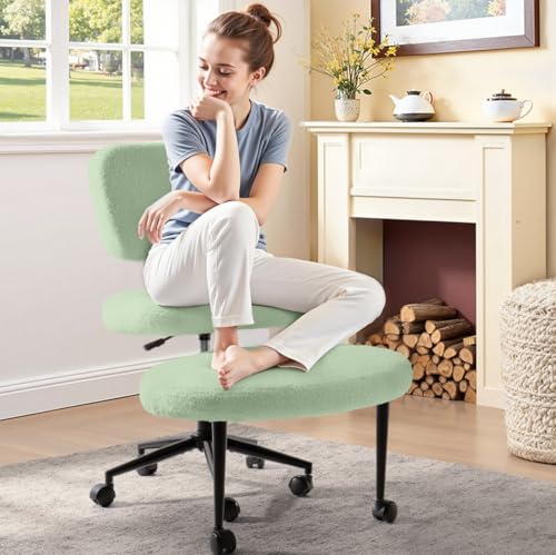 Image of Waleaf Ergonomic Cross Legged Office Chair, ADHD Chair for Adults, Height Adjustable Meditation Chair with Wheels, Teddy Fabric Yoga Kneeling Chairs with Comfortable Back Support (Green)