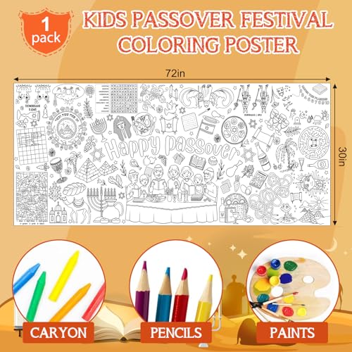 Image of Happy Passover Large Coloring Tablecloth Poster for Kids, Pesach Jumbo Coloring Paper Poster Sheets, Passover Color-in Craft Activities for Kids Festive Seder Party Supplies Decorations, 30 x 72Inch