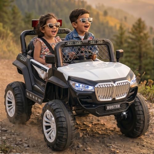 Image of Toyzone Buster Electric Jeep (White) | 12V Rechargeable Ride on with 8Ah Battery | Music Player with BT, USB & AUX | Smooth Acceleration | 6M Battery Warranty | Age 3-12 Years, Upto 50 kg