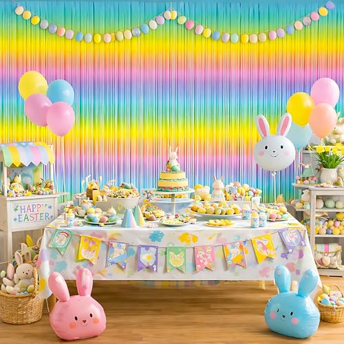 Image of Easter Decorations - Rainbow Tinsel Streamers Backdrop Banner | Easter Party Favors Supplies Indoor Outdoor - Spring Birthday Decor Party Accessories for Wall Door