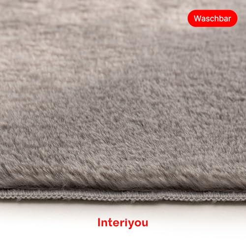 Interiyou Fargo - Teppich Wohnzimmer 80x80 cm Rund Grau - Kurzflor Waschbar und rutschfest - Flauschiger Fellteppich aus Kunstfell - weicher Langflor Fell