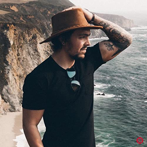 Minnetonka Outback Hat - Flat Brimmed Cowboy Hat For Men And Women Made With Distressed Ruff Leather, Hidden Steel Wire In Brim, And Subtle Leather-Braided Accent, X-Large-Brown #TOP2