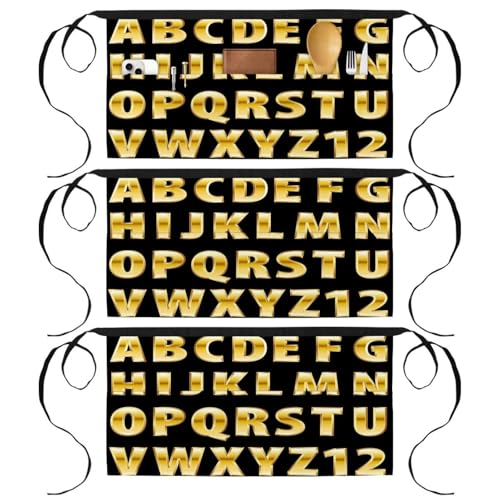 Tablier court de chef jaune alphabet lot de 3 avec 3 poches pour cuisine et bar