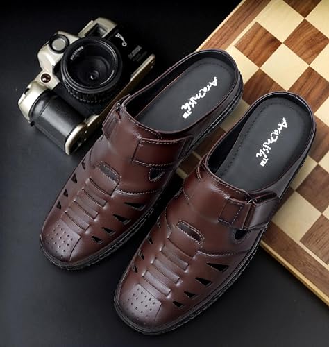 Image of ARAMISH Back Open Genuine Leather Fisherman Sandals for Men