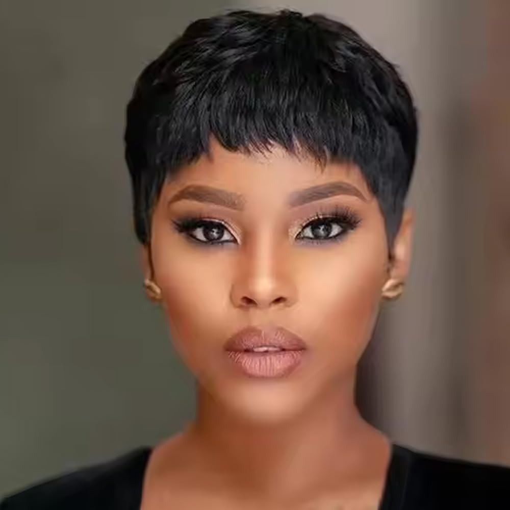 Wig Hair Short Wigs for Black Women Hair Glueless Natural Look Cut Wig Lace Front Wigs with Bangs Straight Short Human Hair Wigs (Black9982) - Image 2