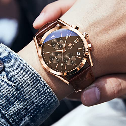 OLEVS Brown Leather Watch Chronograph Dress Water Resistant Classic Mens Watch with Leather Band Casual Analog Young Men's Wrist Watches Relojes para Hombres — view 2