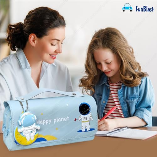 Image of FunBlast Multi-Purpose Pouch - Double Compartment Large Capacity Pouch - Happy Planet Zipper Pencil Case for Kids, Pencil Box for Kids, Stationary Pouch for Students School Supplies (Sky Blue)