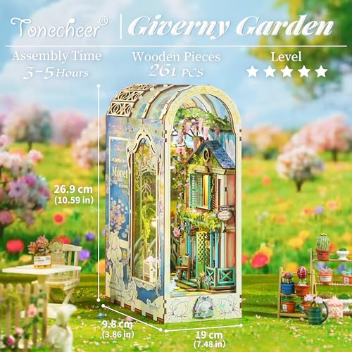 Image of Tonecheer DIY Book Nook Kit for Adults, 3D Puzzle Wooden Miniature House Kit, Booknook Dollhouse Bookshelf Insert Decor Bookend with Dust Cover and LED Lights Gifts (Giverny Garden)