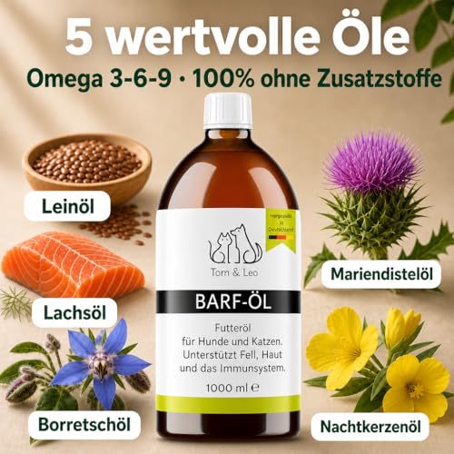 Tom&Leo Barf Öl Hund & Katze 1000ml – Aus 5 naturbelassenen Ölen