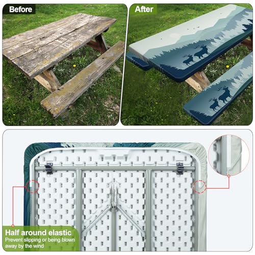 Image of Picnic Table Cover with Bench Covers 6FT 3 Pcs Waterproof Windproof Aesthetic Camping Tablecloth with Drawstring Bag, Fitted for 6 Foot Rectangle Tables and Seats, 72 inch, Blue Deer Forest