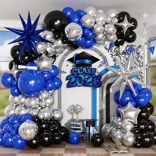 Arche de ballons bleus et noirs avec guirlande en latex et aluminium pour anniversaire 2026