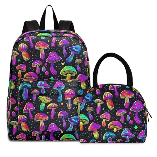 Backpack Lunch Box Set Large Capacity Travel Backpacks and Insulated Lunch Bag for Commute Hiking Picnic Mushroom Vivid Print