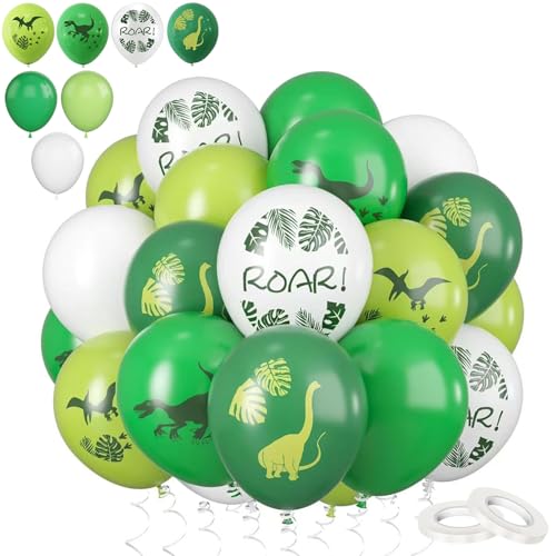 60 Pack 12-Inch White Green Dinosaur Balloons Set Thick Latex Party Dino Print Jungle Safari Helium Balloons for Kids Boys Birthday Dinosaur Theme Party Supplies Decorations